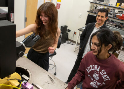 Electrical engineering students Hailey Warner and Priyanka Ravindran work with faculty mentor Ivan Sanchez Esqueda on FURI projects related to semiconductor manufacturing.