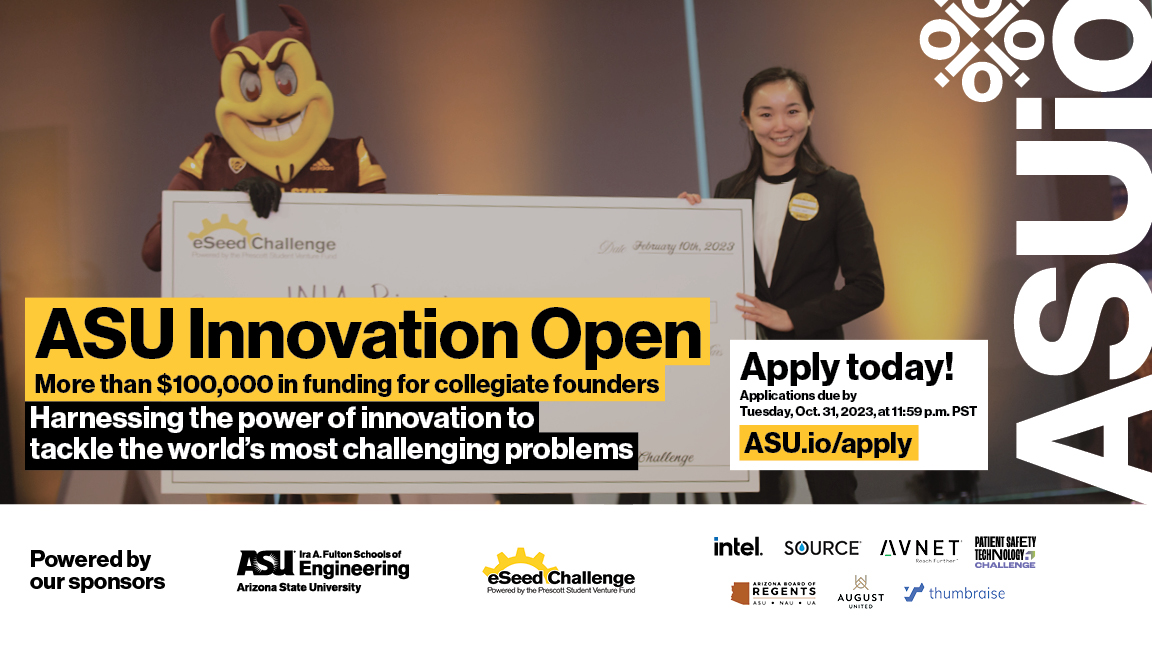 A graphic depicting Sparky and a student entrepreneur holding a big check with information about the ASU Innovation Open competition.