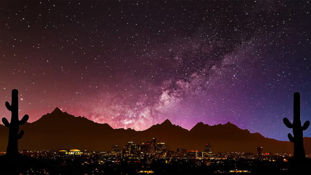 A graphic showing a starry sky above the Phoenix metro area