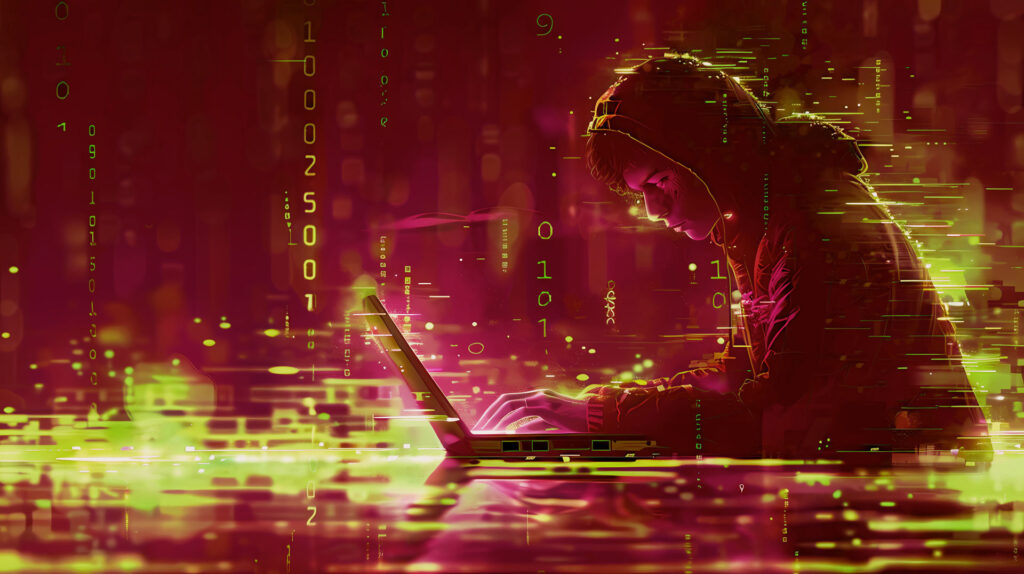 graphic depicting a person at laptop computer