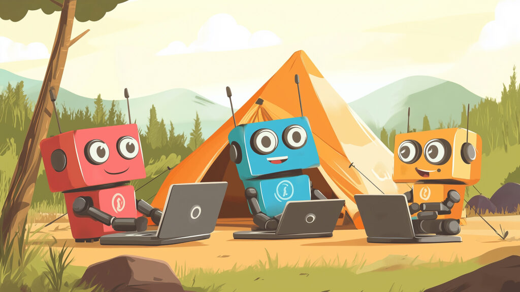 An illustration of robots working on laptops at a campsite