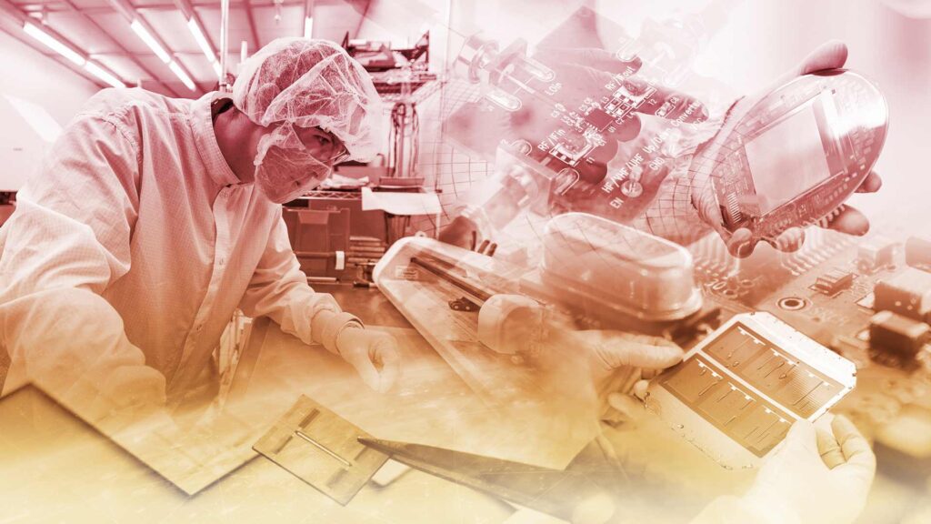 A graphic of a collage of things from microelectronics manufacturing. Close up of equipment and a person in a lab coat.