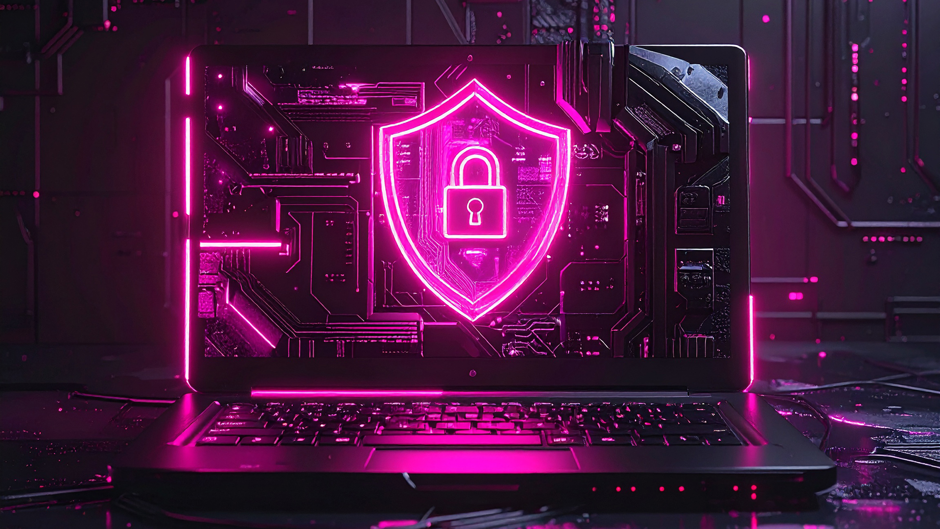 An image of a laptop glowing in neon pink with a cybersecurity shield icon on the screen