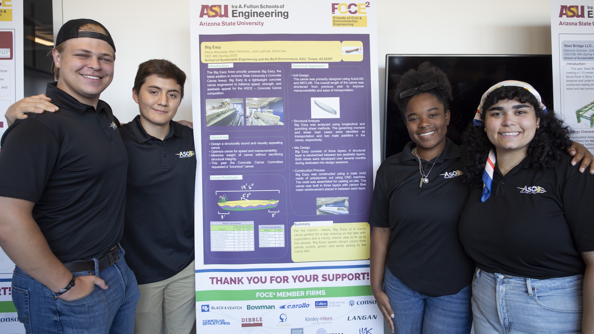 School of Sustainable Engineering and the Built Environment students stand beside a poster of their capstone project during the SSEBE Capstone Project Showcase at the Paul C. Helmick Center on May, 2, 2025. Photographer Lisa Irish/ASU