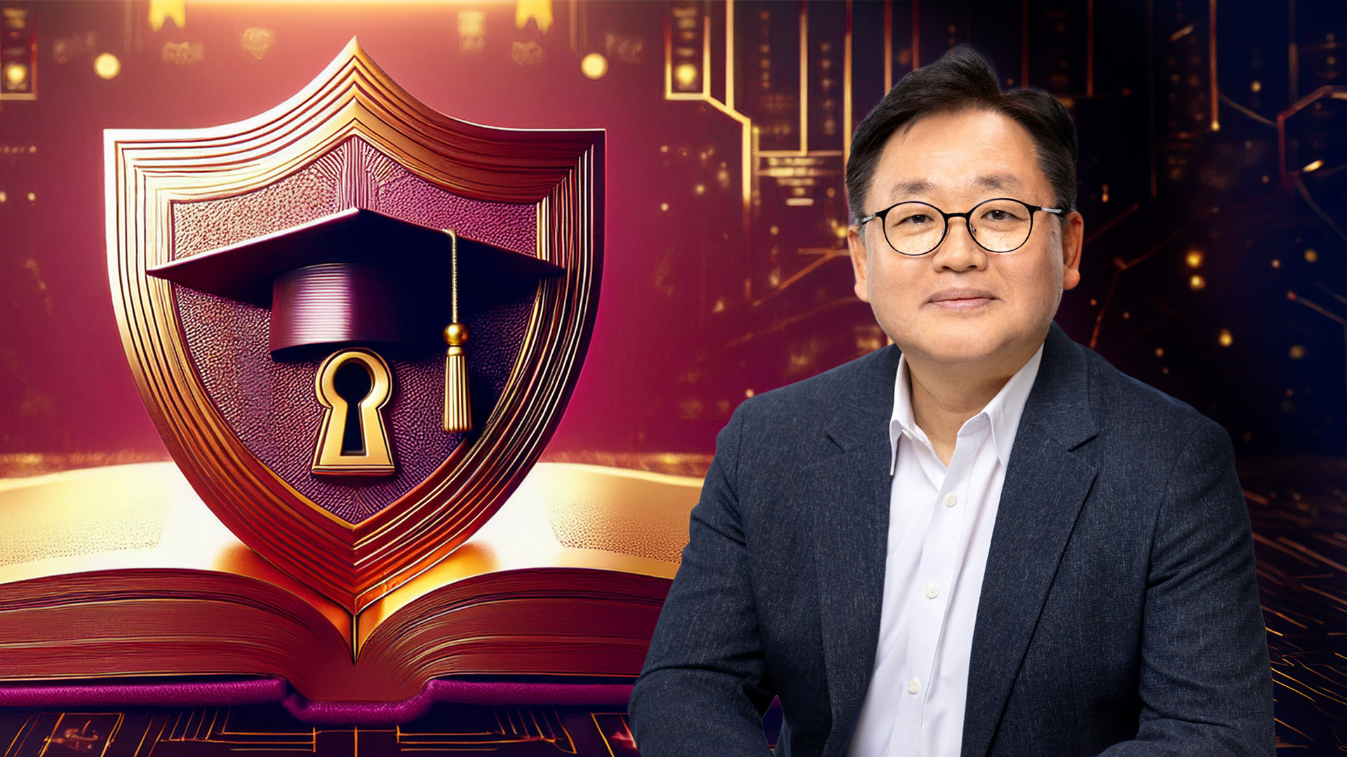 A collage of a digital shield with padlock, graduation cap and a portrait of Gail-Joon Ahn.