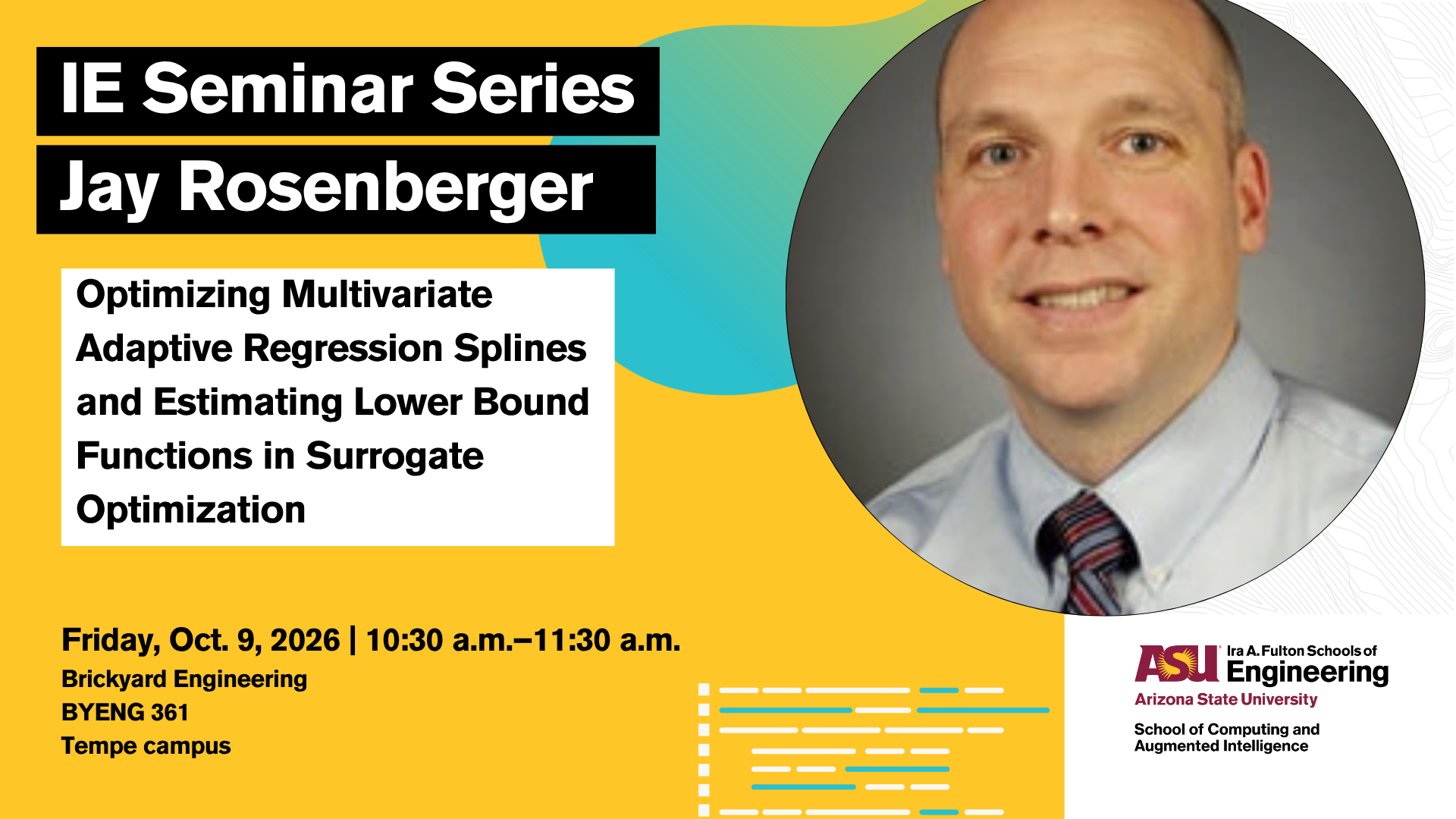A graphic for the IE seminar series that shows an image of Jay Rosenberger.